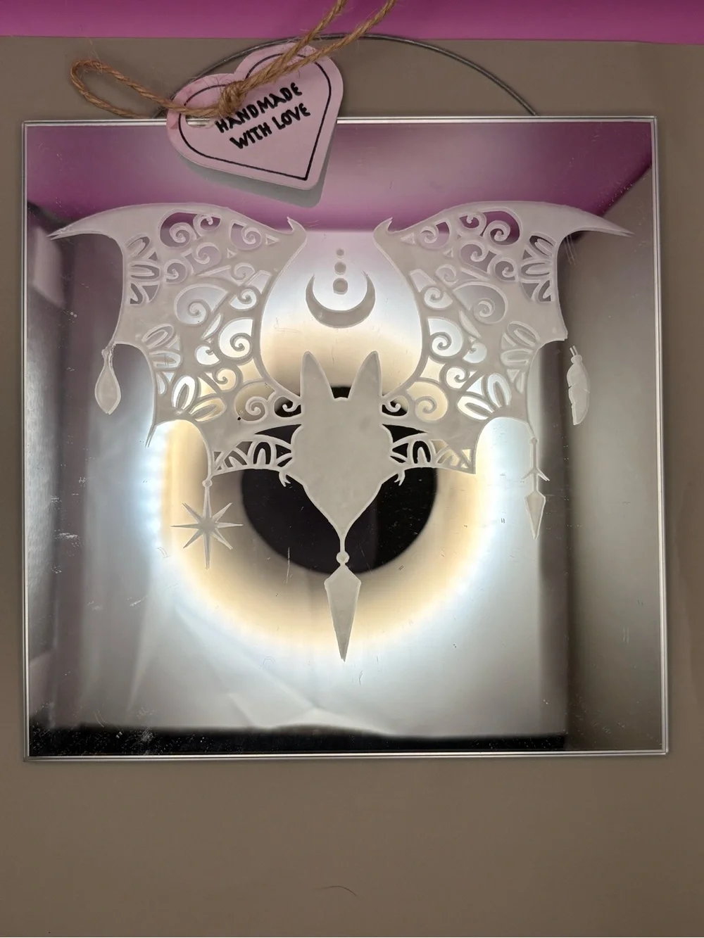 Hand Crafted White Etched Bat Mirror Wall Art